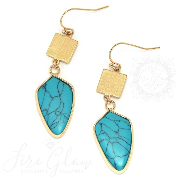 Turquoise Arrowhead Drop Earrings Brushed Square - Picture 2 of 11